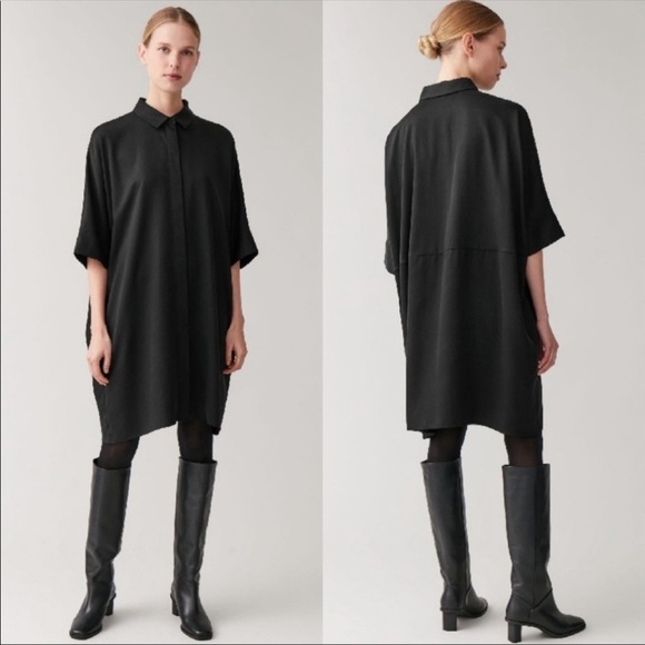 COS Dresses & Skirts - COS black boxy draped collared shirt dress 100% Lyocell midi